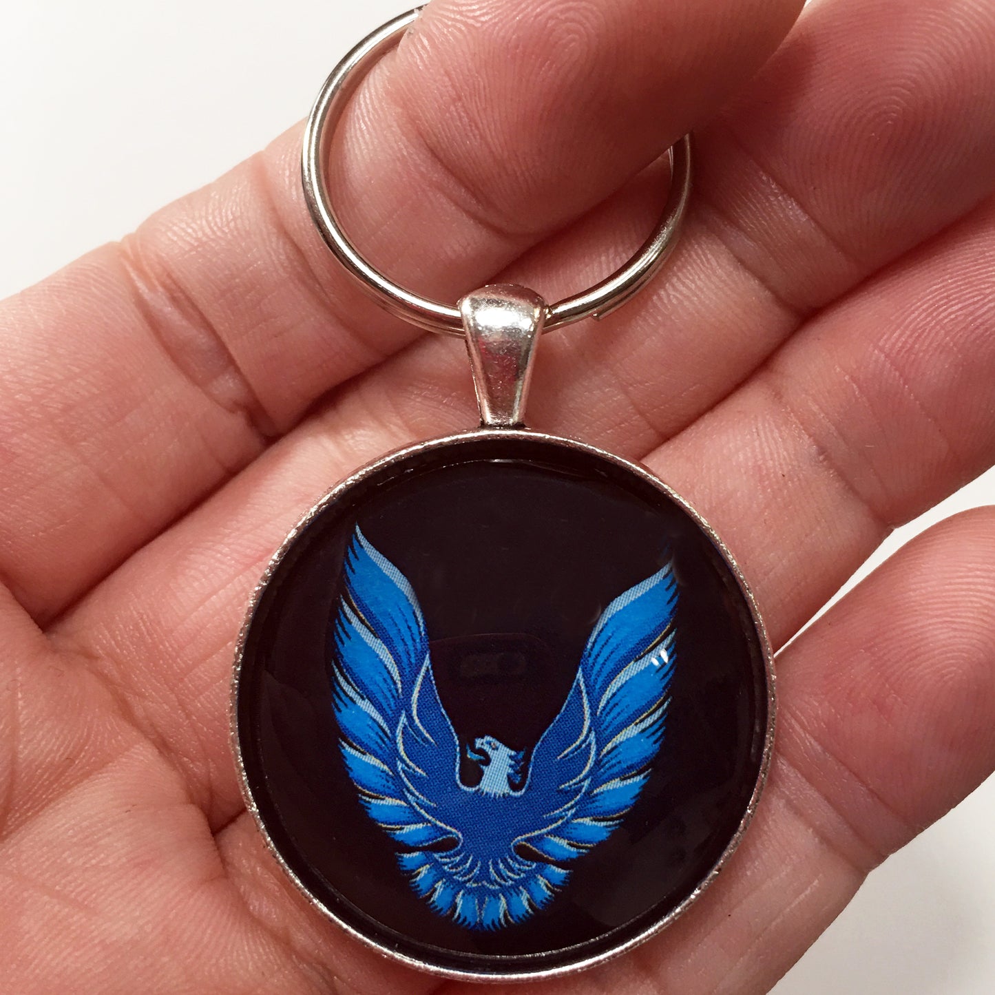 Vintage 2nd Gen Firebird Blue Hood Decal 1.2" Diameter Keychain