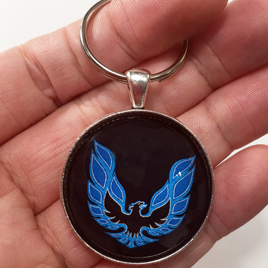 Vintage 2nd Gen Firebird Blue Hood Decal 1.2" Diameter Keychain