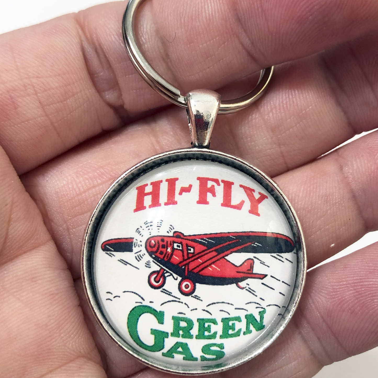 Vintage Hi Fly Green Gas Gasoline Sign 1.2" Keychain
