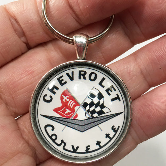 Vintage 1950's Chevrolet Corvette Racing Flag Emblem Badge Logo 1.2" Keychain