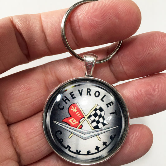 Vintage 1950's Chevrolet Corvette C1 Racing Flag Emblem Badge Logo 1.2" Keychain