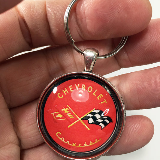 Vintage 1950's Chevrolet Corvette C1 Red Racing Flag Emblem Badge Logo 1.2" Keychain