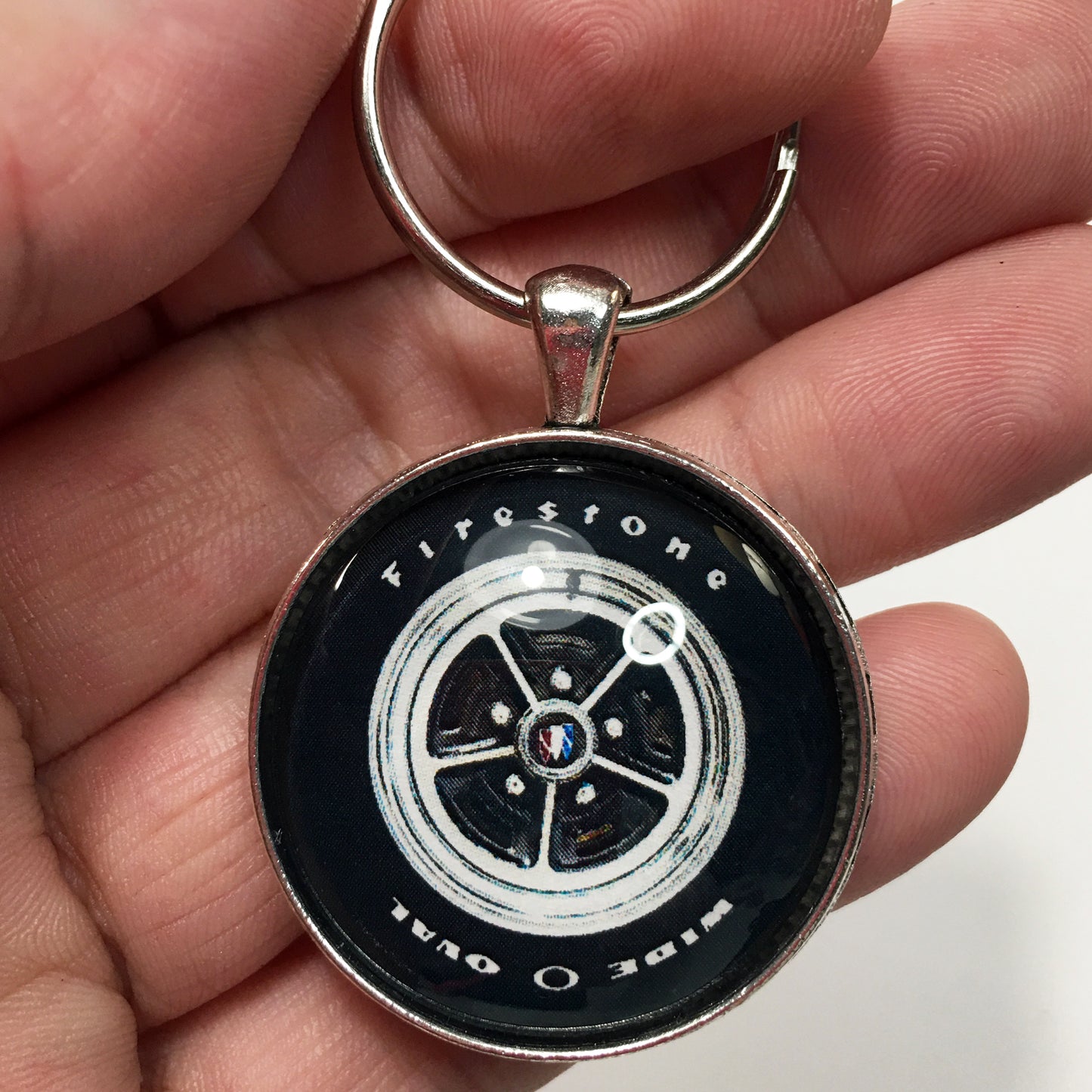 Vintage Buick Tri Crest Mag Wheel Firestone Wide Oval 1.2" Keychain