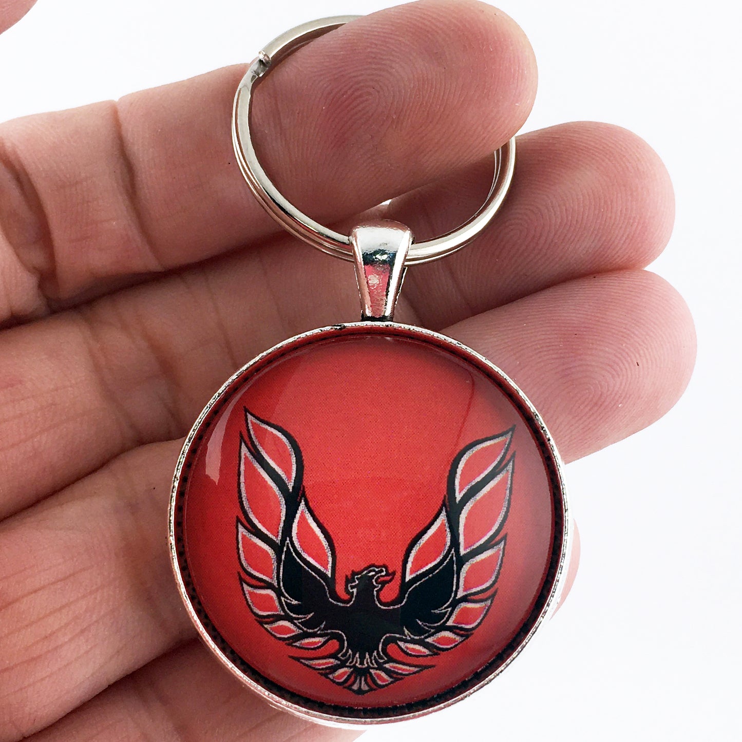 Vintage 2nd Gen Firebird Red and Black Hood Decal 1.2" Diameter Keychain