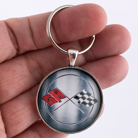 Vintage 1950's Chevrolet Corvette C1 Racing Flag Emblem Badge Logo 1.2" Keychain