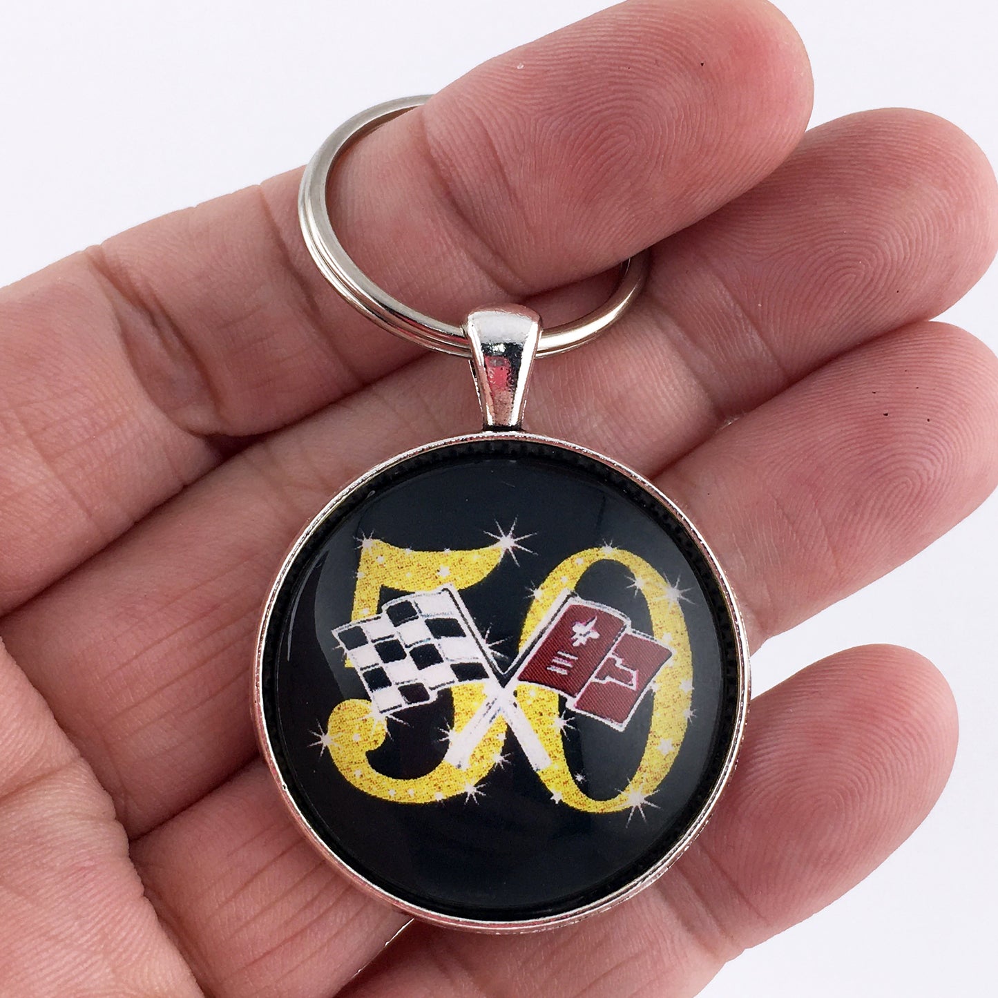 Chevrolet Corvette 50th Anniversary Racing Flags Emblem 1.2" Keychain