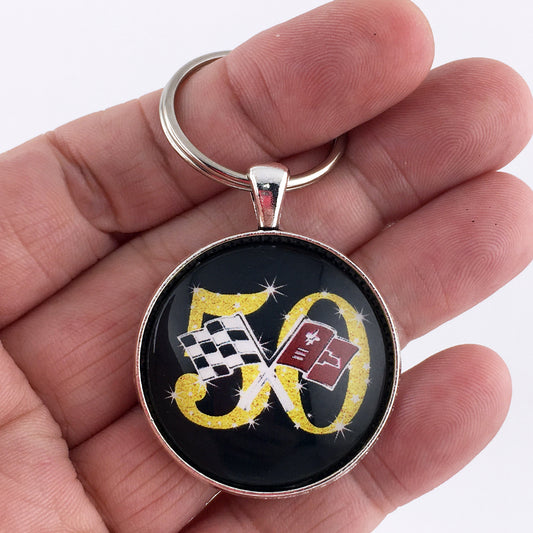 Chevrolet Corvette 50th Anniversary Racing Flags Emblem  1.2" Keychain