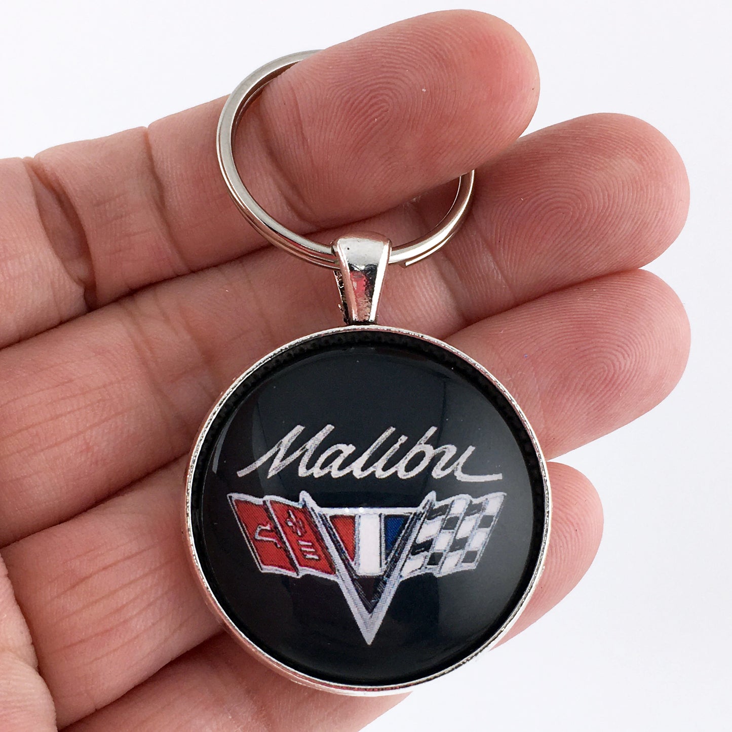 Vintage 1st Gen Malibu Racing Flags Chrome Badge Emblem 1.2" Diameter Keychain