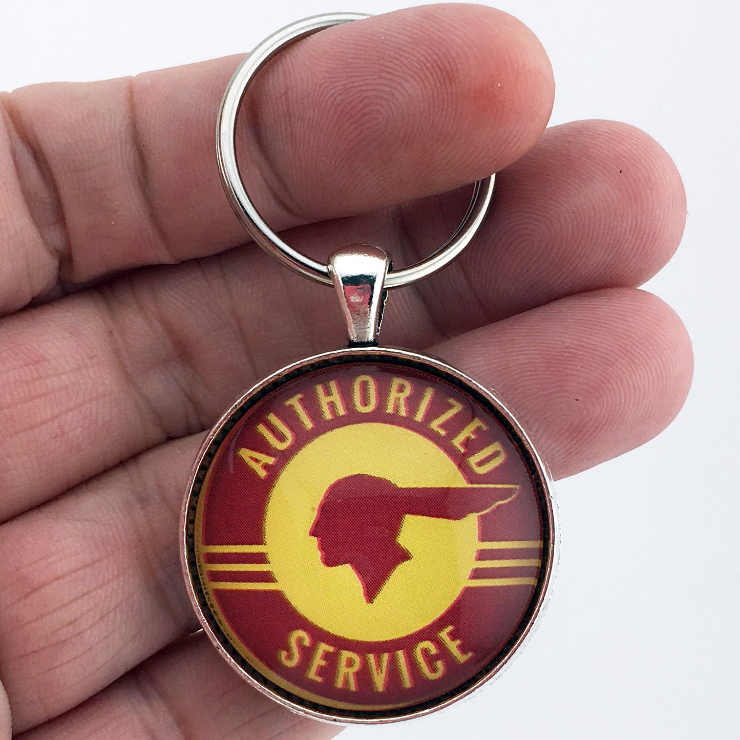 Vintage Pontiac Indian Authorized Service Sign Gold and Red 1.2" Diameter Keychain