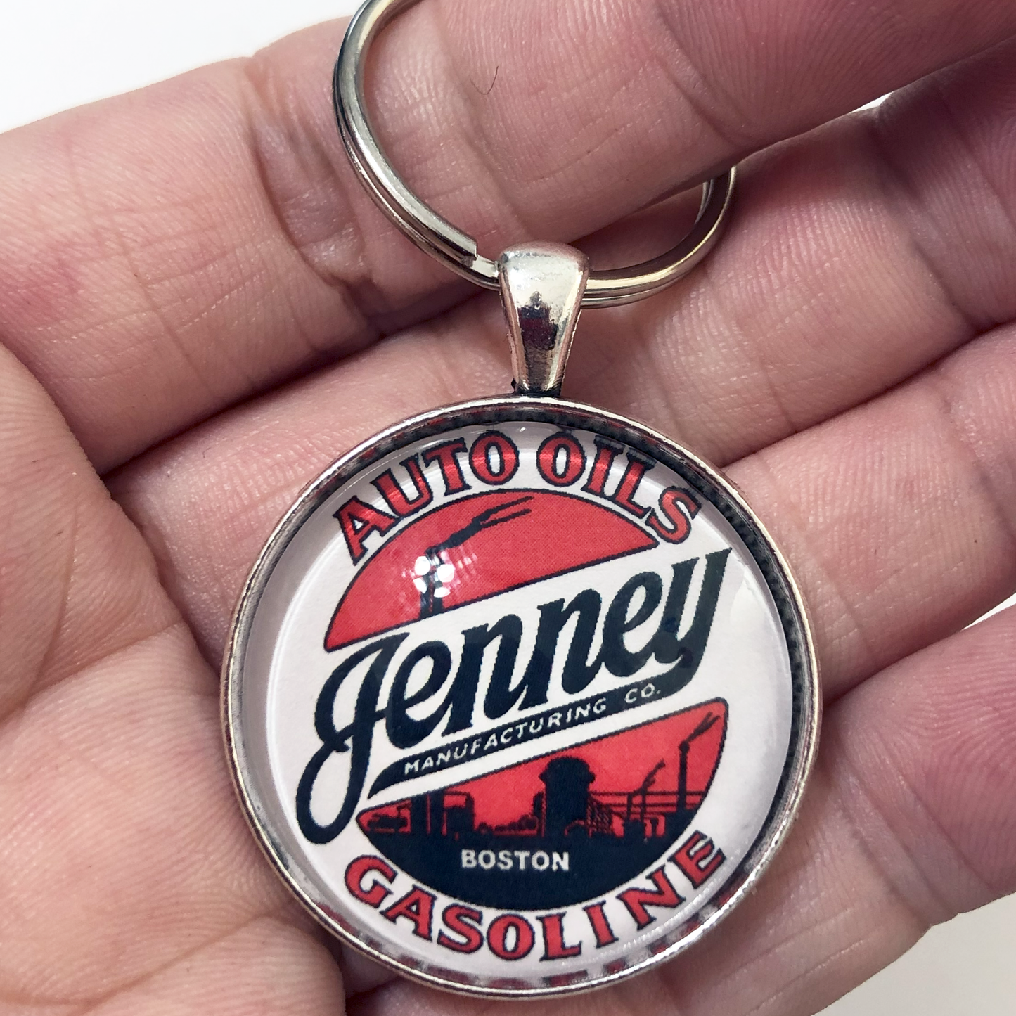 Vintage Jenney Auto Oils Boston Gasoline Sign 1.2" Keychain