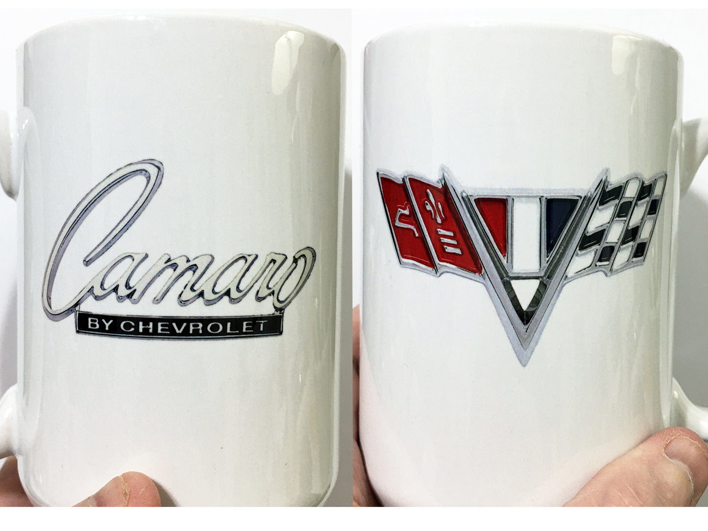 Vintage Camaro Chrome Emblem Badge Racing Flags LARGE 15 oz. Ceramic Mug