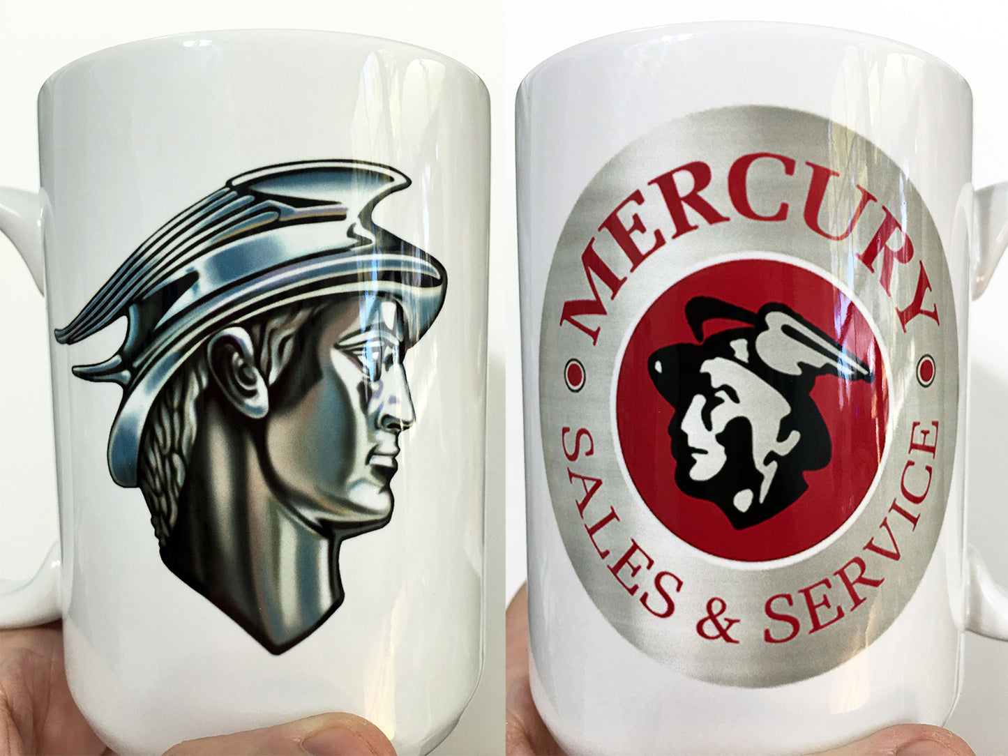 Merc Man Chrome Mercury Man Sales & Service Sign LARGE 15 oz. Ceramic Mug