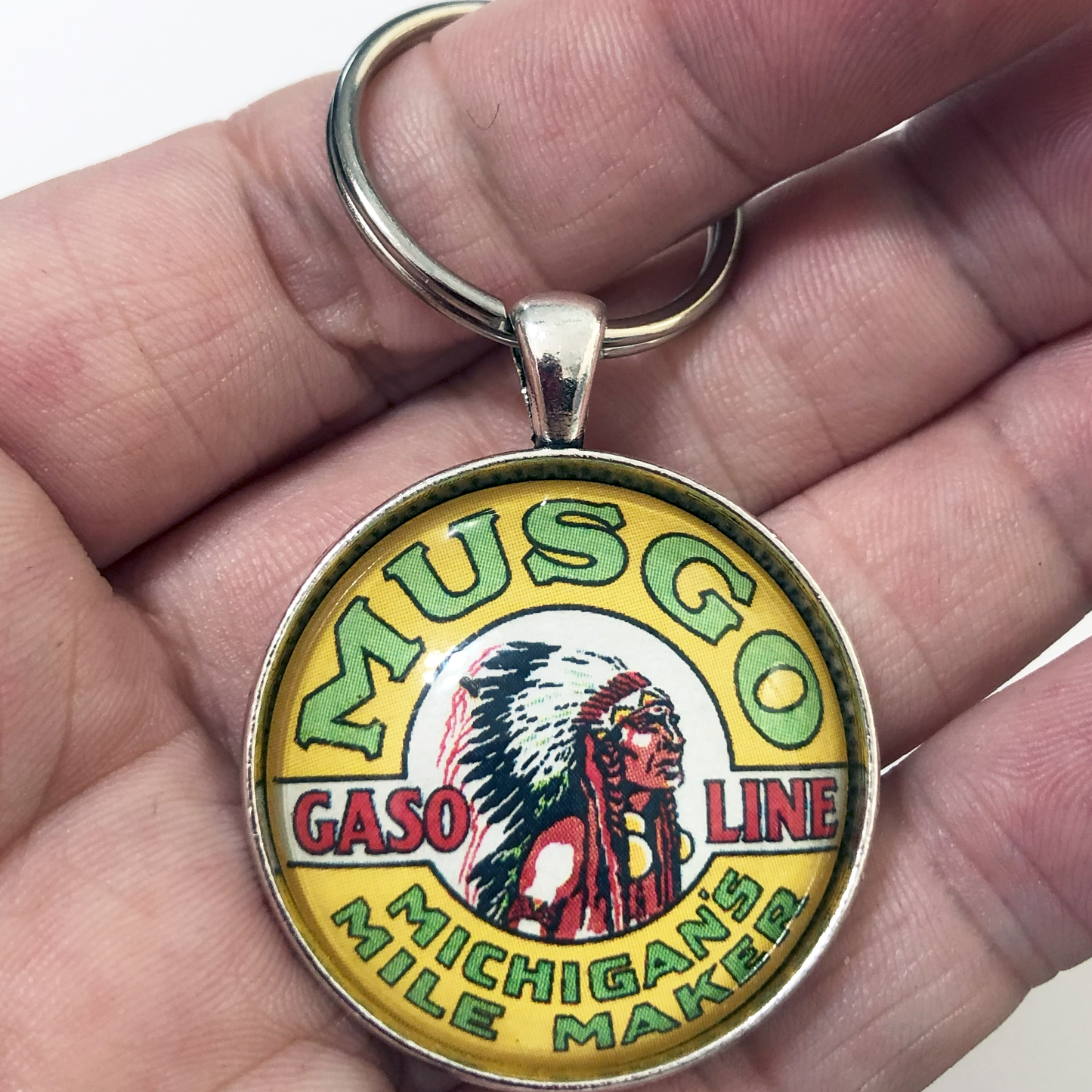 Vintage Musgo Michigan's Mile Maker Gasoline Station Sign 1.2" Keychain