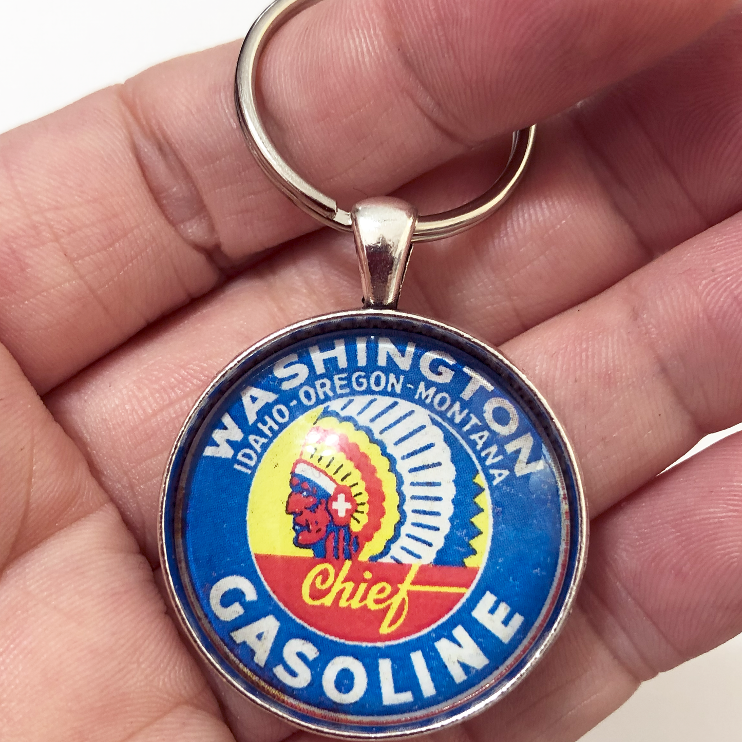 Vintage Washington Idaho Oregon Montana Gasoline Sign 1.2" Keychain