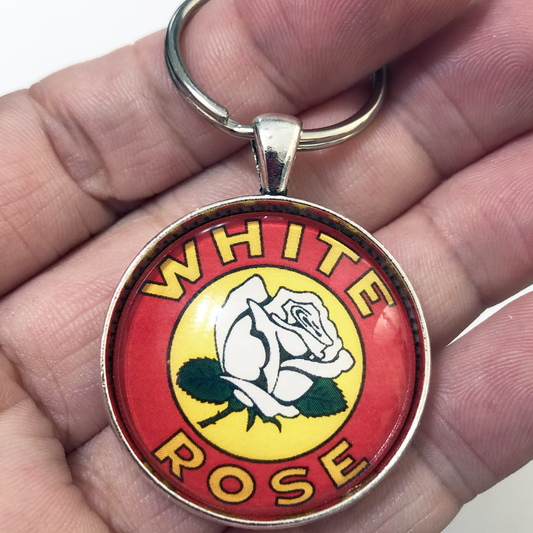 Vintage White Rose Motor Oil and Gasoline Sign 1.2" Keychain