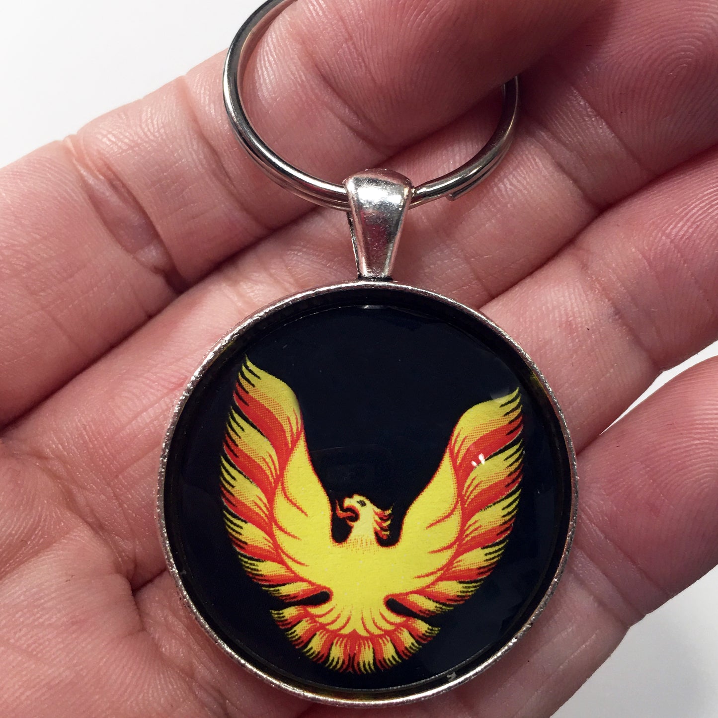 Vintage 2nd Gen Firebird Yellow and Orange Hood Decal 1.2" Diameter Keychain