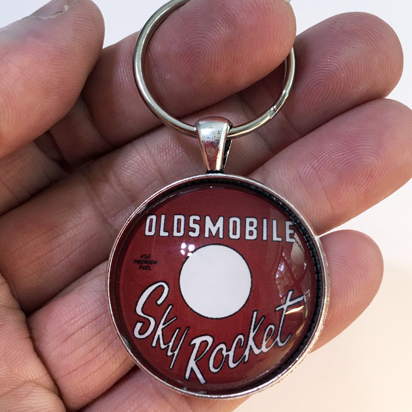Vintage Oldsmobile Sky Rocket Air Cleaner Decal 1.2" Diameter Keychain