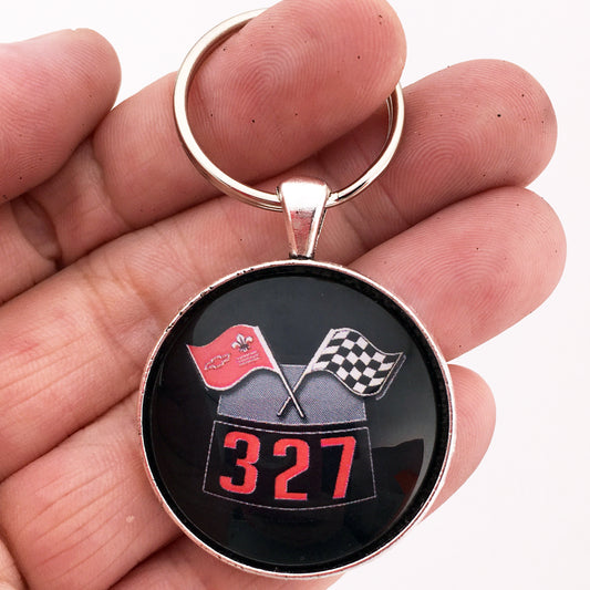 Chevy 327 Racing Flags Emblem 1.2" Diameter Keychain