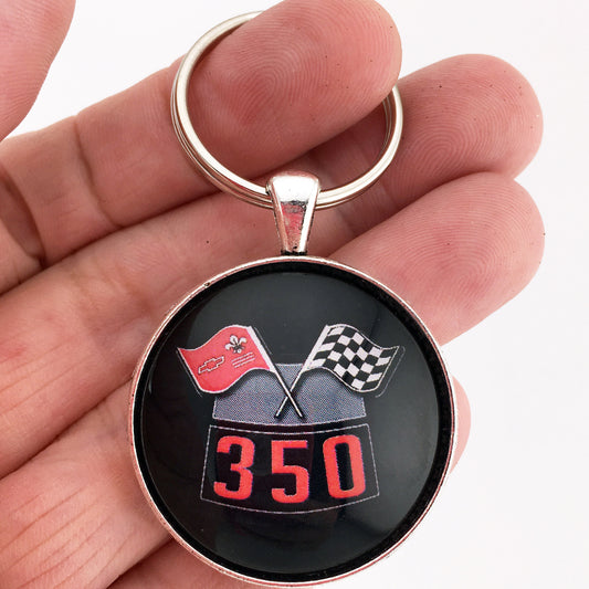 Chevy 350 Racing Flags Emblem 1.2" Diameter Keychain