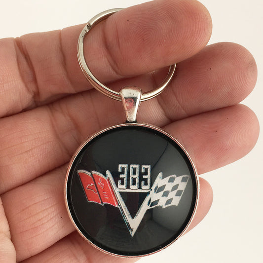 Chevy 383 Chrome V Flag Fender Emblem 1.2" Diameter Keychain