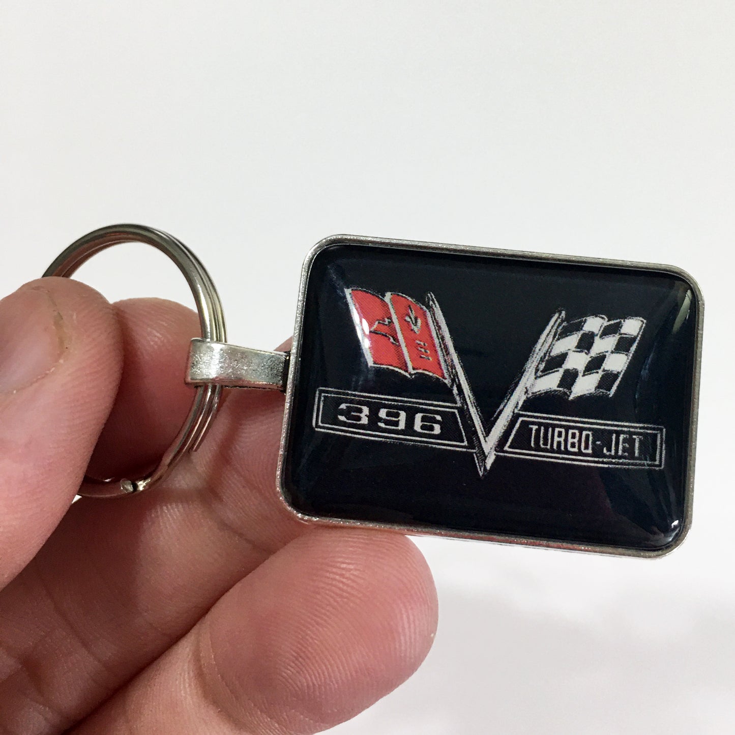 Chevy 396 Turbo Jet Chrome Fender V Flag Emblem 1.2" Diameter Keychain