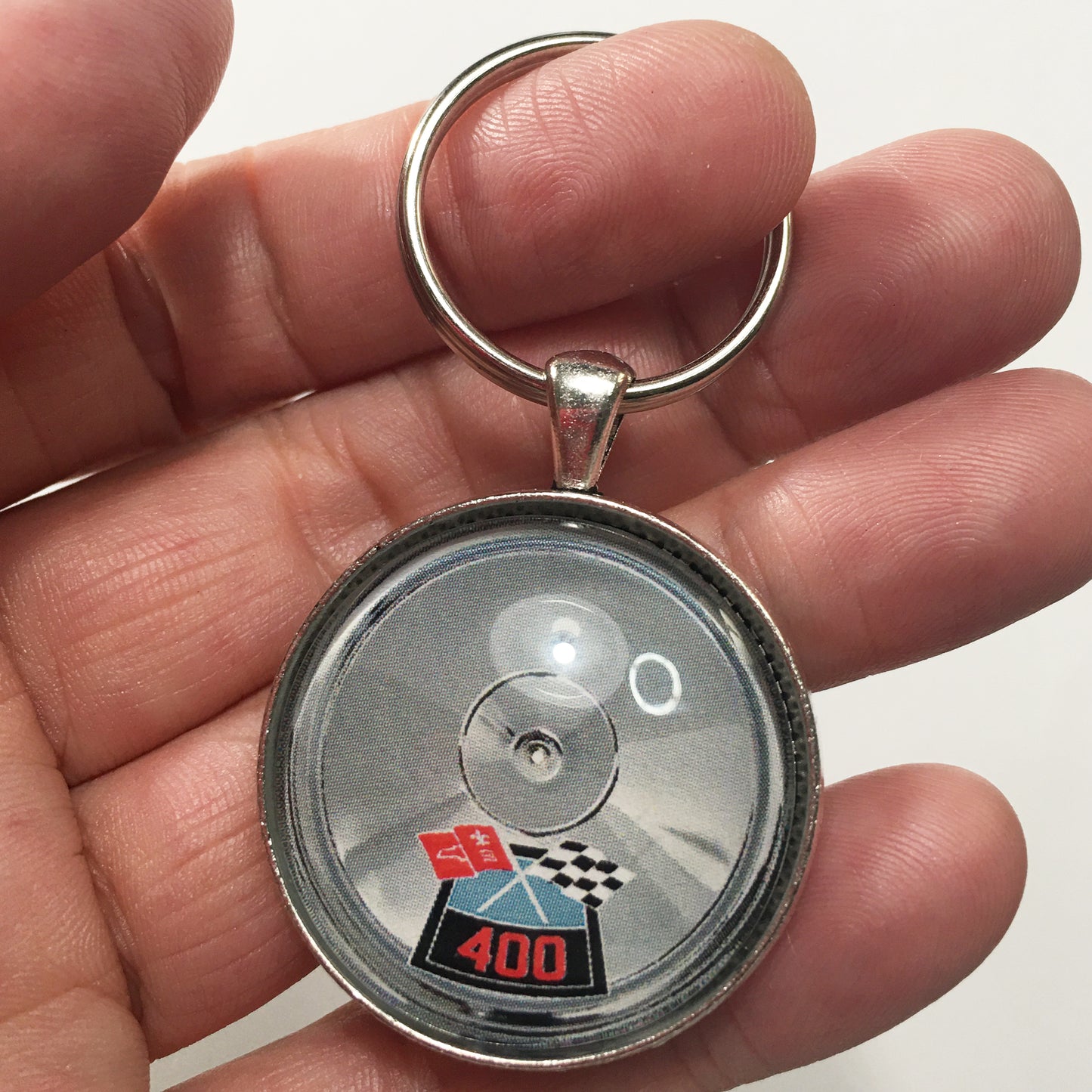 Chevy 400 Chrome Air Cleaner Decal 1.2" Diameter Keychain