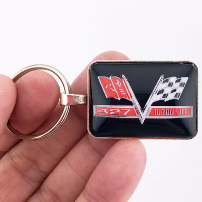 Chevy 427 Turbo Jet Chrome Fender V Flag Emblem 1.2" Diameter Keychain