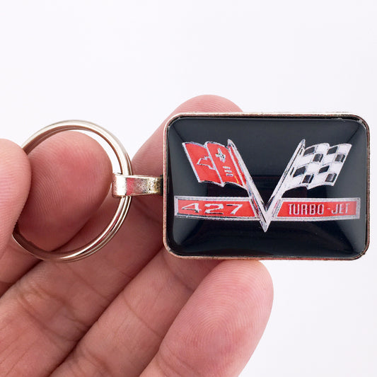 Chevy 427 Turbo Jet Chrome Fender V Flag Emblem 1.2" Diameter Keychain