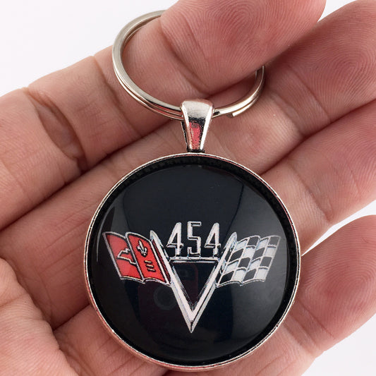 Chevy 454 Chrome V Flag Fender Emblem 1.2" Diameter Keychain