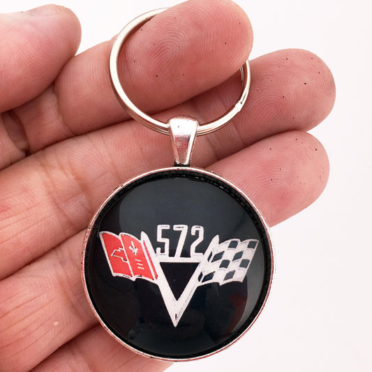 Chevy 454 Chrome V Flag Fender Emblem 1.2" Diameter Keychain