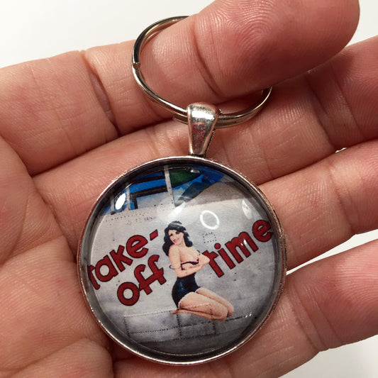 B-25J Mitchell Bomber "Take-off Time" World War II Aviation Nose Art 1.2" Diameter Keychain