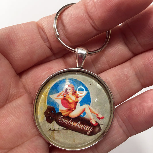 B-17  Bombs Away WW II Aviation Nose Art 1.2" Diameter Keychain