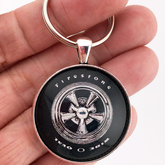 Vintage Cragar 5 Spoke Mag Wheel  Firestone Wide Oval Raised White Letter 1.2" Diameter Keychain