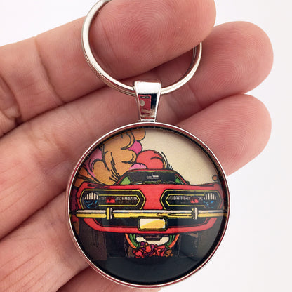 Vintage Plymouth Barracuda Magazine Ad Drawing 1.2" Diameter Keychain