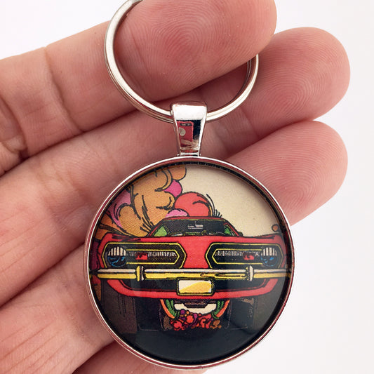 Vintage Plymouth Barracuda Magazine Ad Drawing 1.2" Diameter Keychain