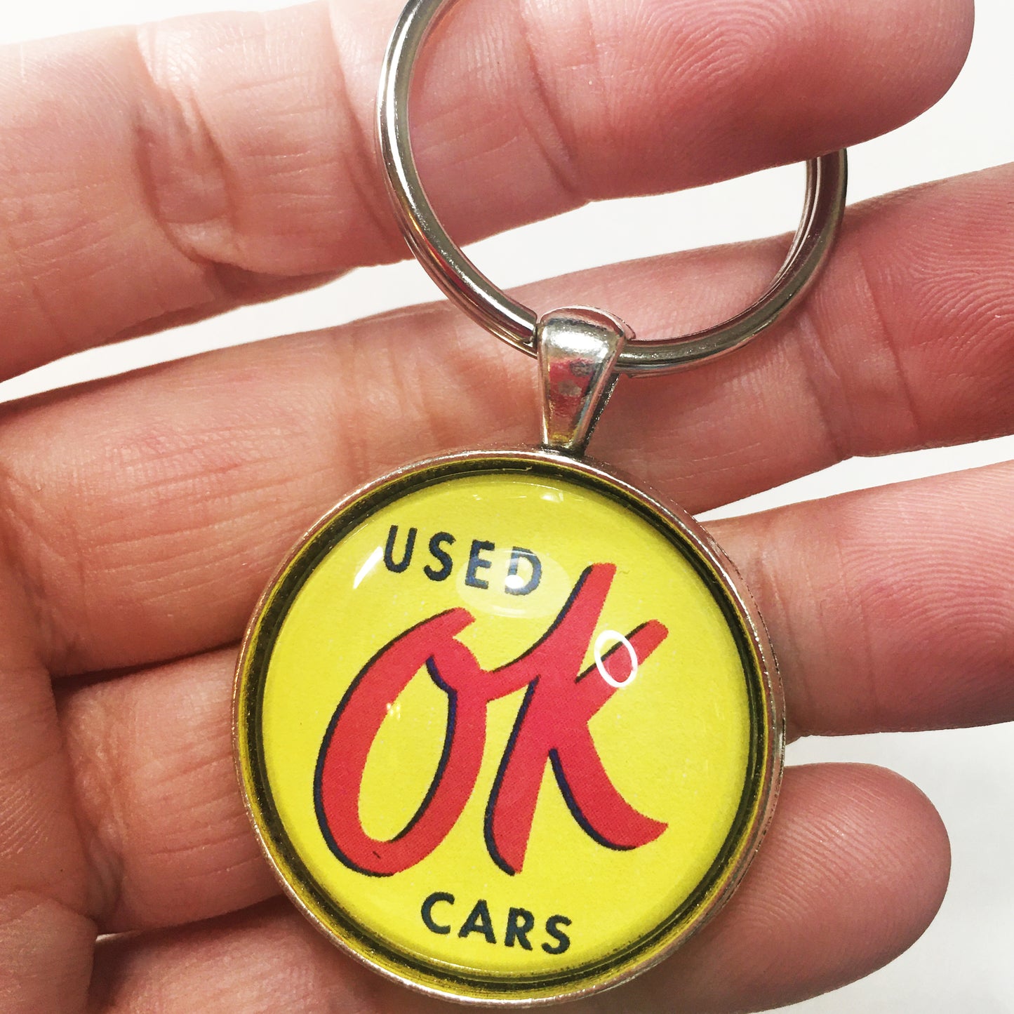 Vintage We Sell Used Ok Cars Chevrolet GM Sign 1.2" Diameter Keychain