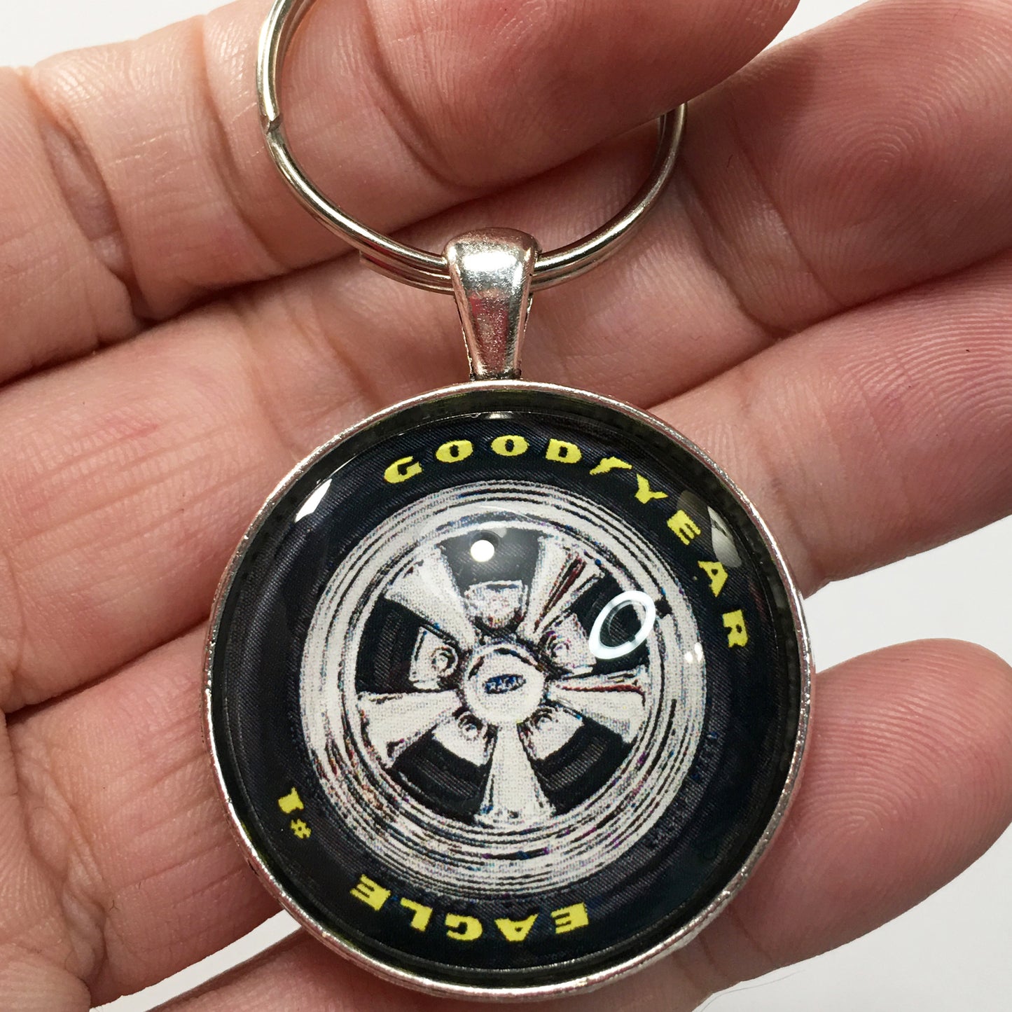 Vintage Cragar 5 Spoke Mag Wheel Goodyear Eagle Raised Yellow Letter 1.2" Diameter Keychain