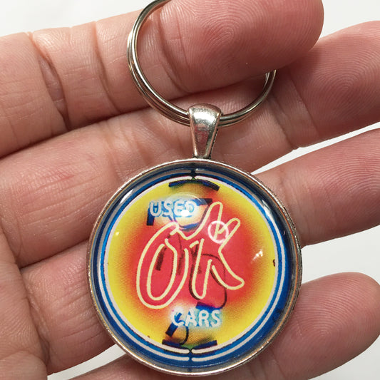 Vintage We Sell Used Ok Cars Chevrolet Neon Sign 1.2" Diameter Keychain