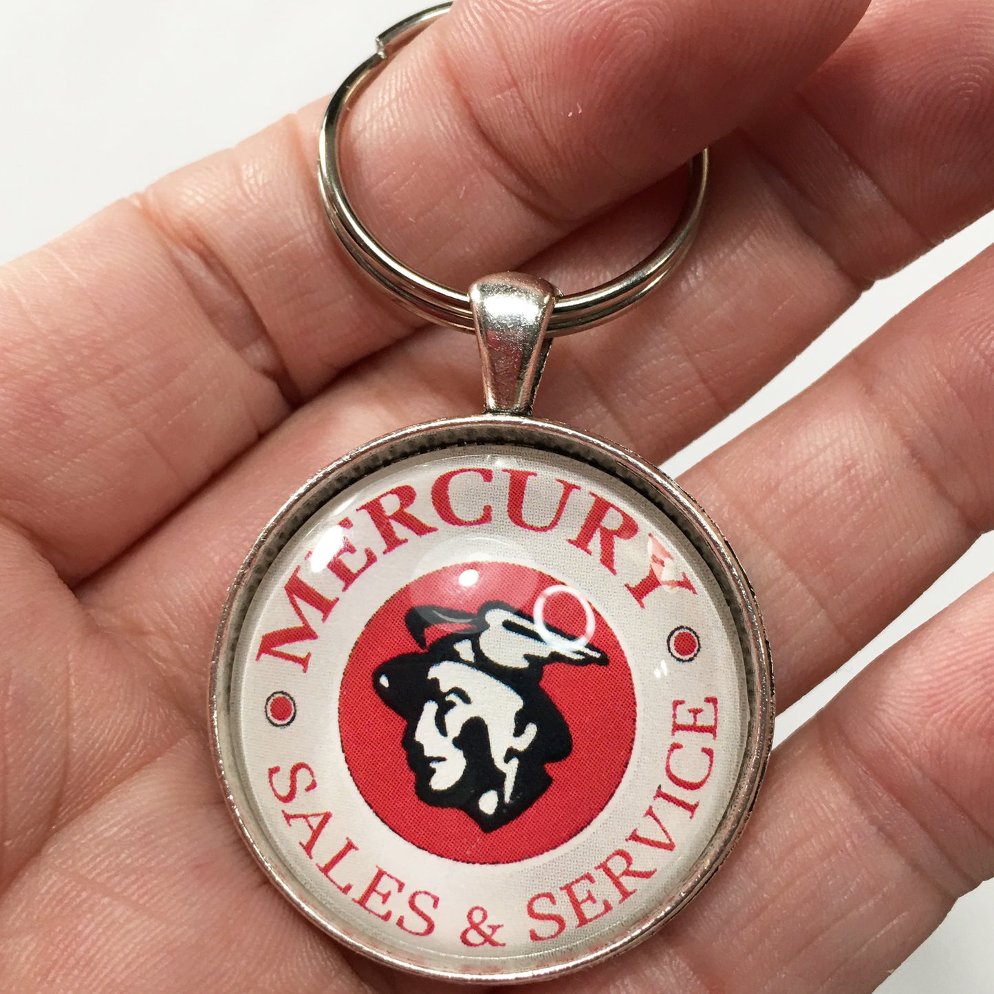 Vintage Mercury Merc Man Sales and Service Sign 1.2" Diameter Keychain