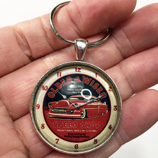 Vintage 1950's Older & Wiser Speed Shop "Clock" 1.2" Diameter Keychain