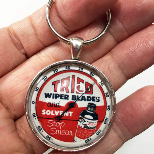 Vintage Trico Wiper Blades and Solvent "Thermometer" Gauge 1.2" Diameter Keychain