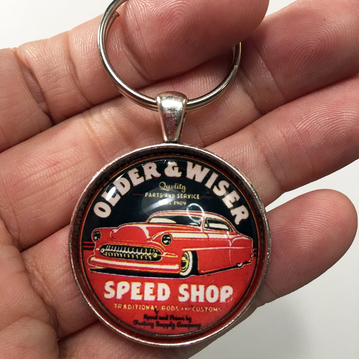 Vintage 1950's Older & Wiser Speed Shop Sign 1.2" Diameter Keychain