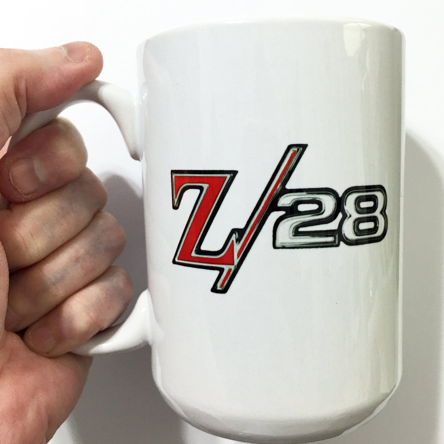 Vintage Camaro Z28 Chrome Emblem Badge Racing Flags LARGE 15 oz. Ceramic Mug
