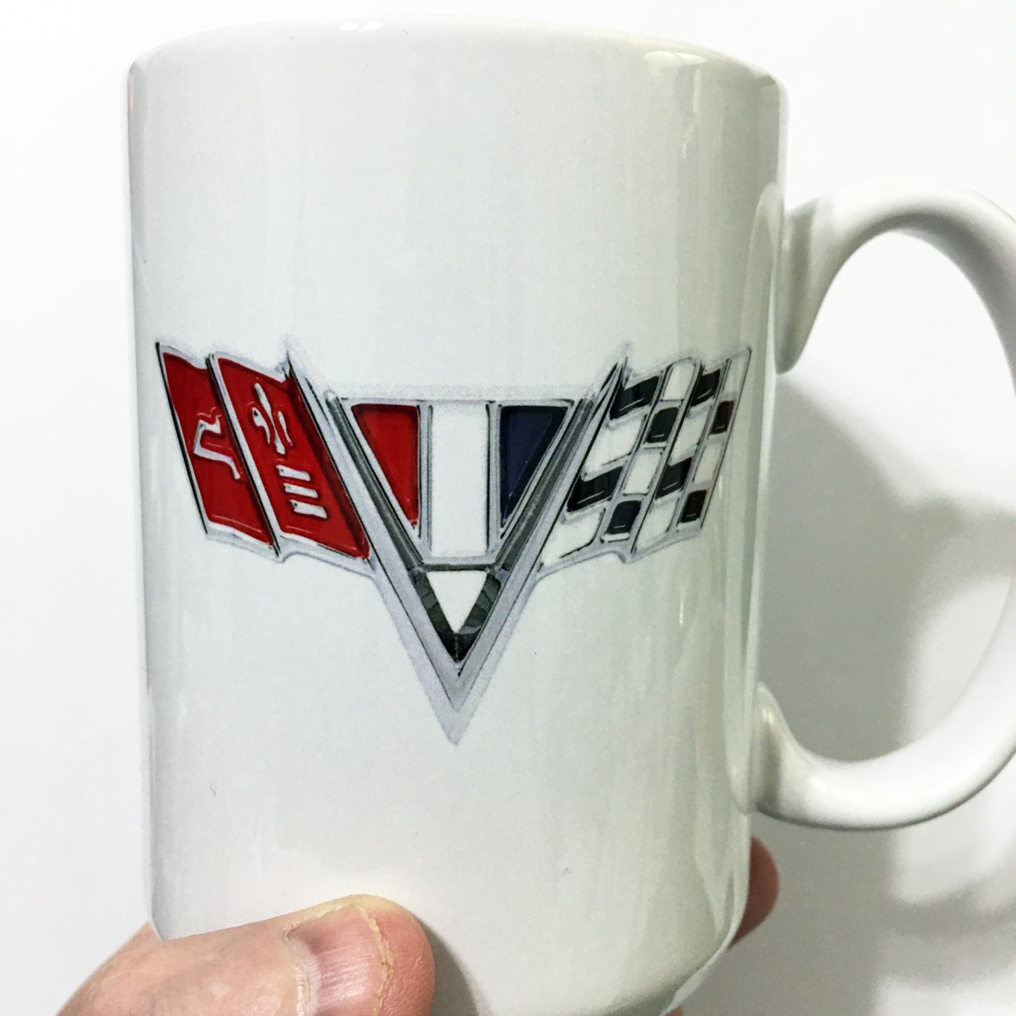 Vintage Camaro Z28 Chrome Emblem Badge Racing Flags LARGE 15 oz. Ceramic Mug