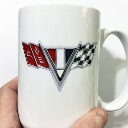 Vintage Camaro Chrome Emblem Badge Racing Flags LARGE 15 oz. Ceramic Mug
