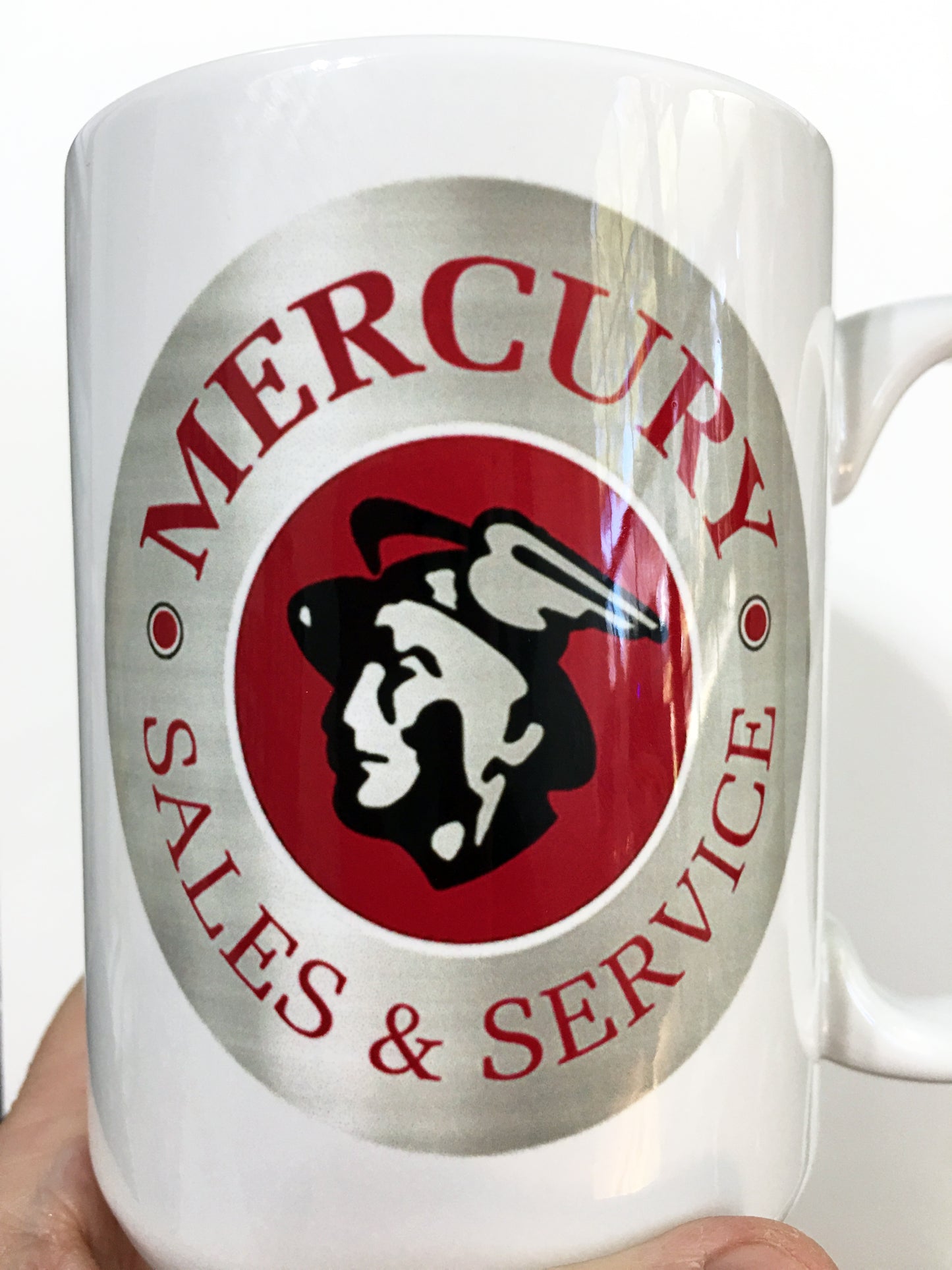 Merc Man Chrome Mercury Man Sales & Service Sign LARGE 15 oz. Ceramic Mug