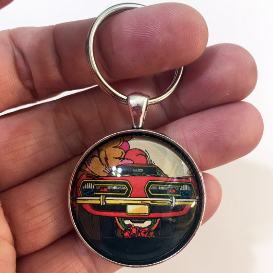 Vintage Plymouth Barracuda Magazine Ad Drawing 1.2" Diameter Keychain