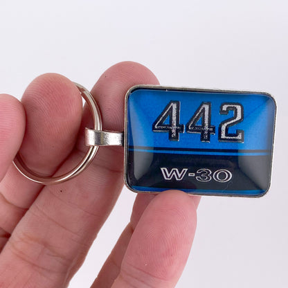 Vintage Oldsmobile 442 W-30 Blue Fender Emblem 1" x 1.25" Diameter Keychain