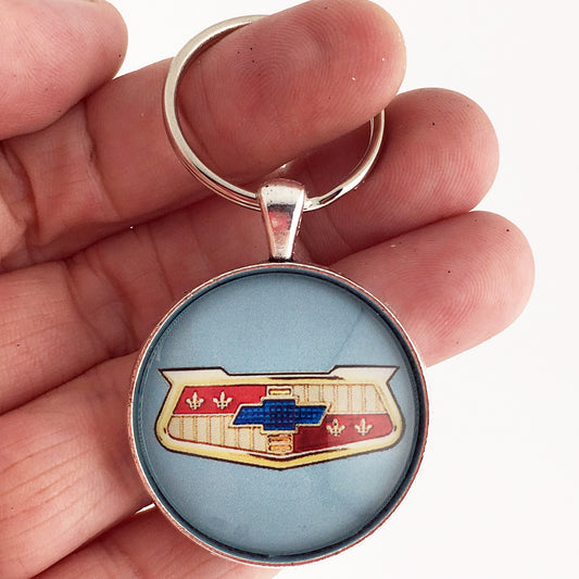 Vintage Chevrolet Gold Lt. Blue Bel Air Chrome Emblem 1.2" Keychain