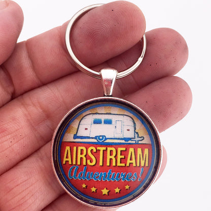 Vintage Airstream Adventures Emblem Badge Ornament Logo 1.2" Diameter Keychain